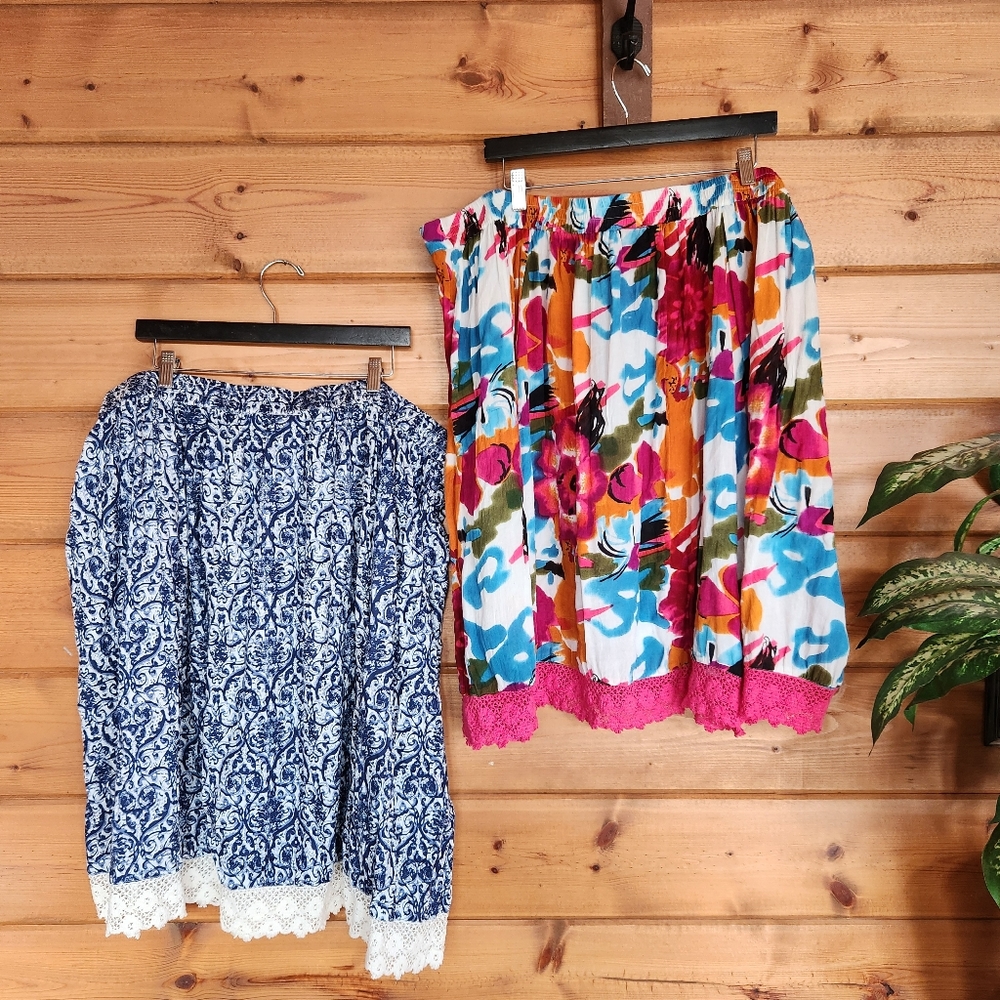 Boca Bay 💜 Lot 2 A Line Skirts Floral Damask Lace Trim Pleated Stretch‎ Plus 3X